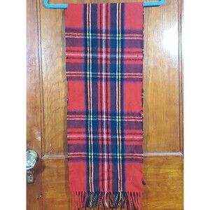 Vintage Glentana Red Plaid Tartan Wool Neckwarmer Fringe Scarf Scotland